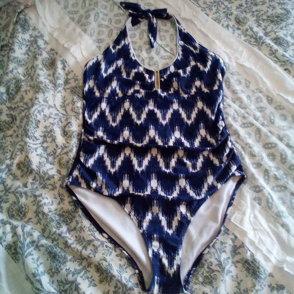 JONES NEW YORK TIE HALTER INDIGO CHEVRON SWIMSUIT "SILVER" ACCENT LINED SIZE 12